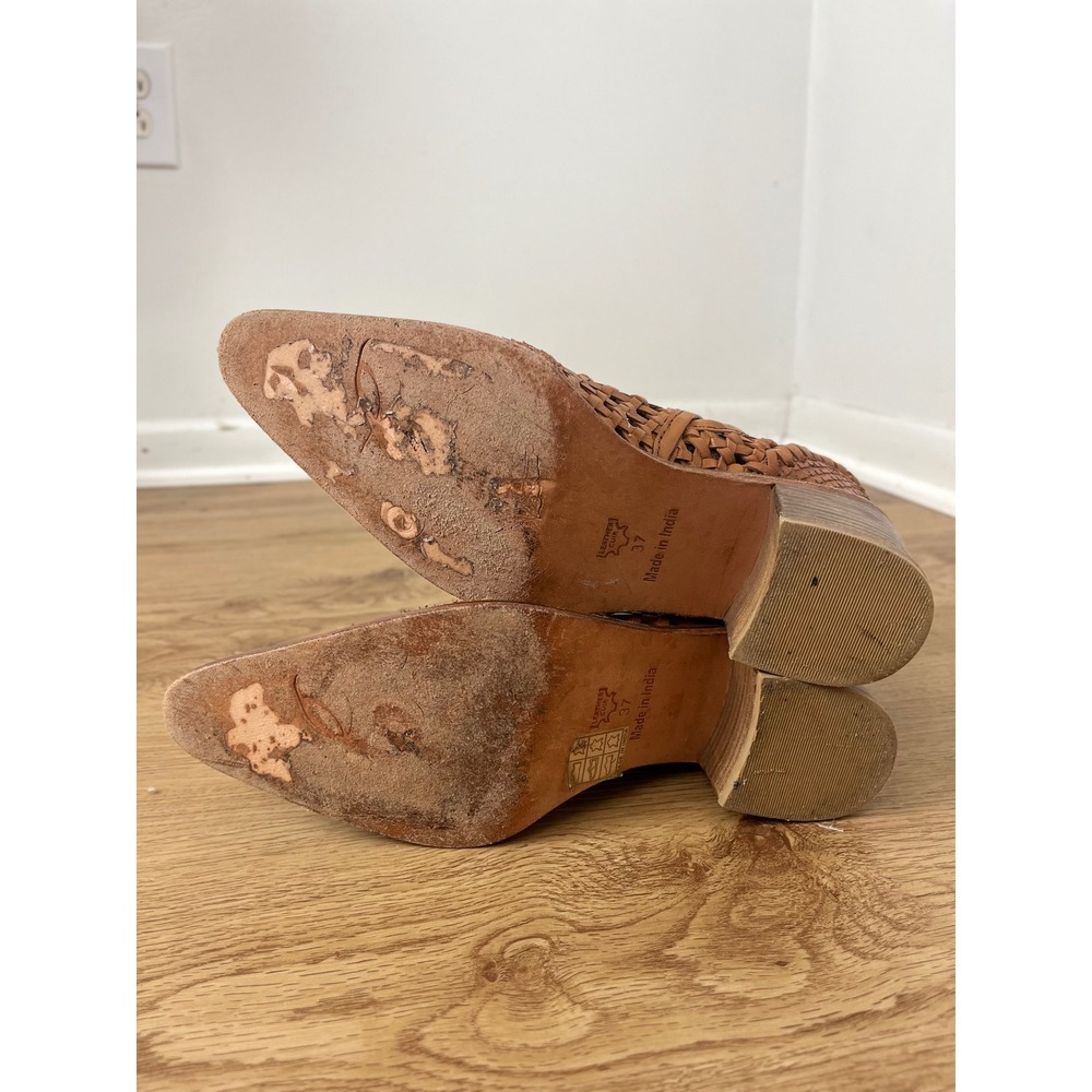 Free People Boho Woven Leather Ankle Boots Women 37 Tan Pointed Toe‎ Block Heel - Picture 11 of 12
